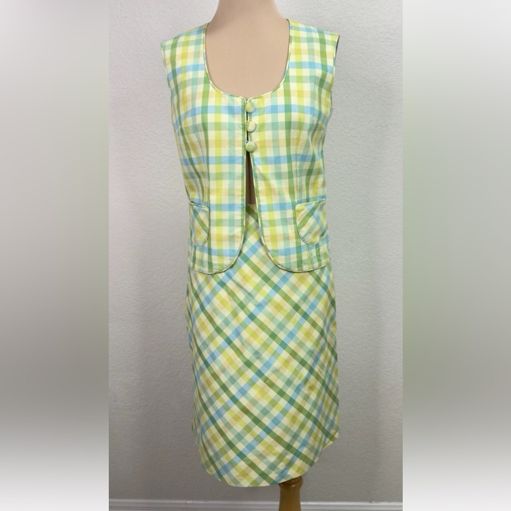 Vintage 60's 2 Piece Skirt Set Handmade Sleeveless Green Plaid Vest Top Size S